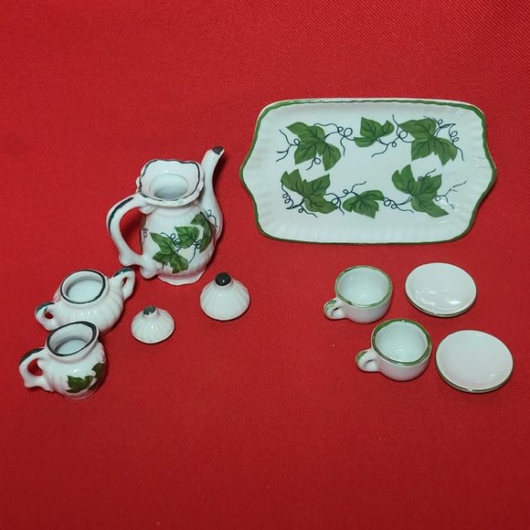 VTG Miniature Teapot Set Ivy Green Leaves 10 Pc - Picture 10 of 15